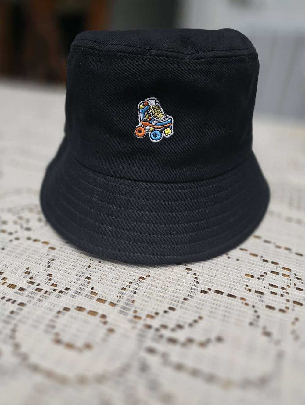 Black Bucket Hat with Colorful Roller Skate Patch